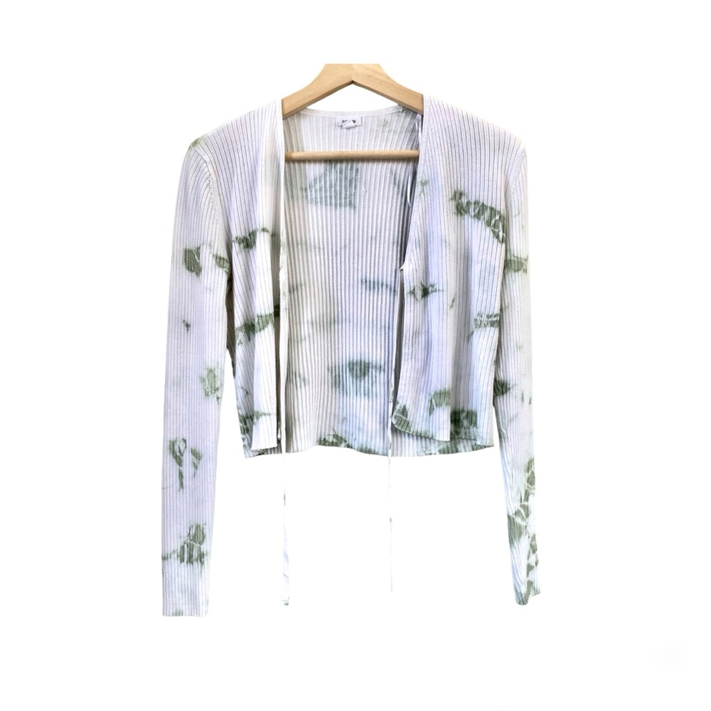 Garage Green and White Cropped Ribbed Tie-Up Cardigan Medium